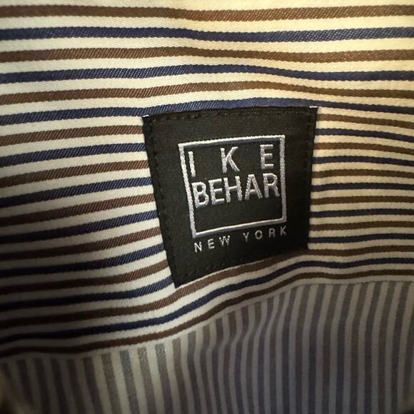 IKE BEHAR Blue White Brown Striped Button Down Shirt Size Large Men's Career - Picture 7 of 13